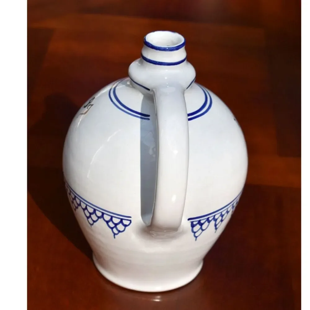 Handled Pottery Vase with Wooden Cork, Signed, Likely Italian Origin